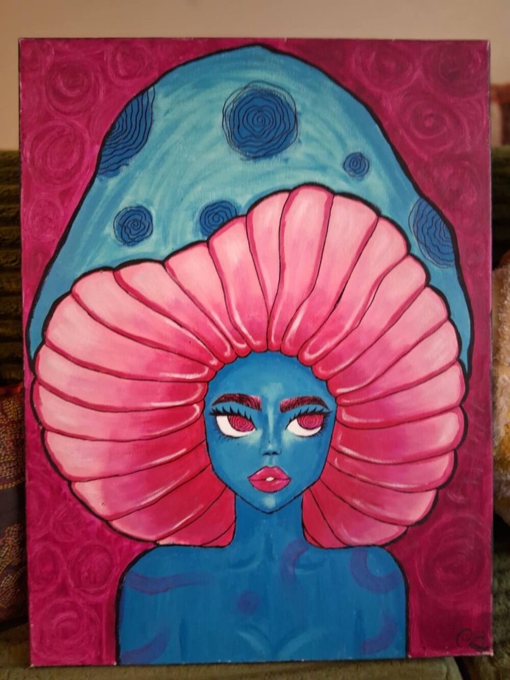 Original Signed Mushroom Girl Painting on Canvas - Large 24x18 Psychedelic Art